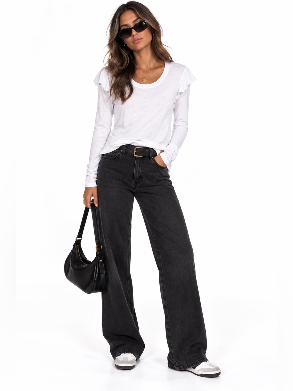 NEW Sundry Cotton Modal White Long Sleeve Ruffle Tee Top 4 XL 14 Nordstrom